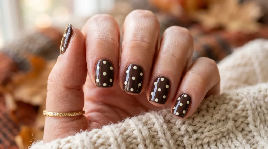 Bambi nails 2026: deep mocha nails with bright cream spots