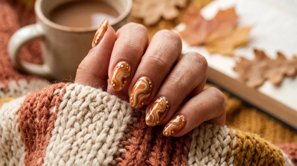 Bambi nails 2026: caramel swirl nails with cream spots