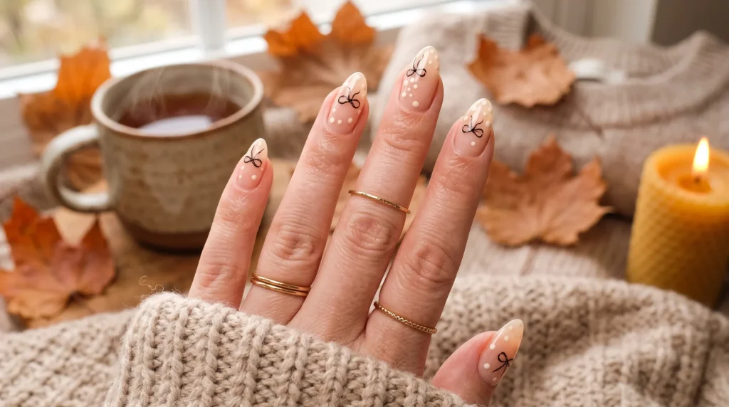 Bambi nails 2026: negative space fawn nail art with bows
