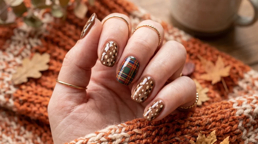 Bambi nails 2026: tartan plaid and fawn print nail combo