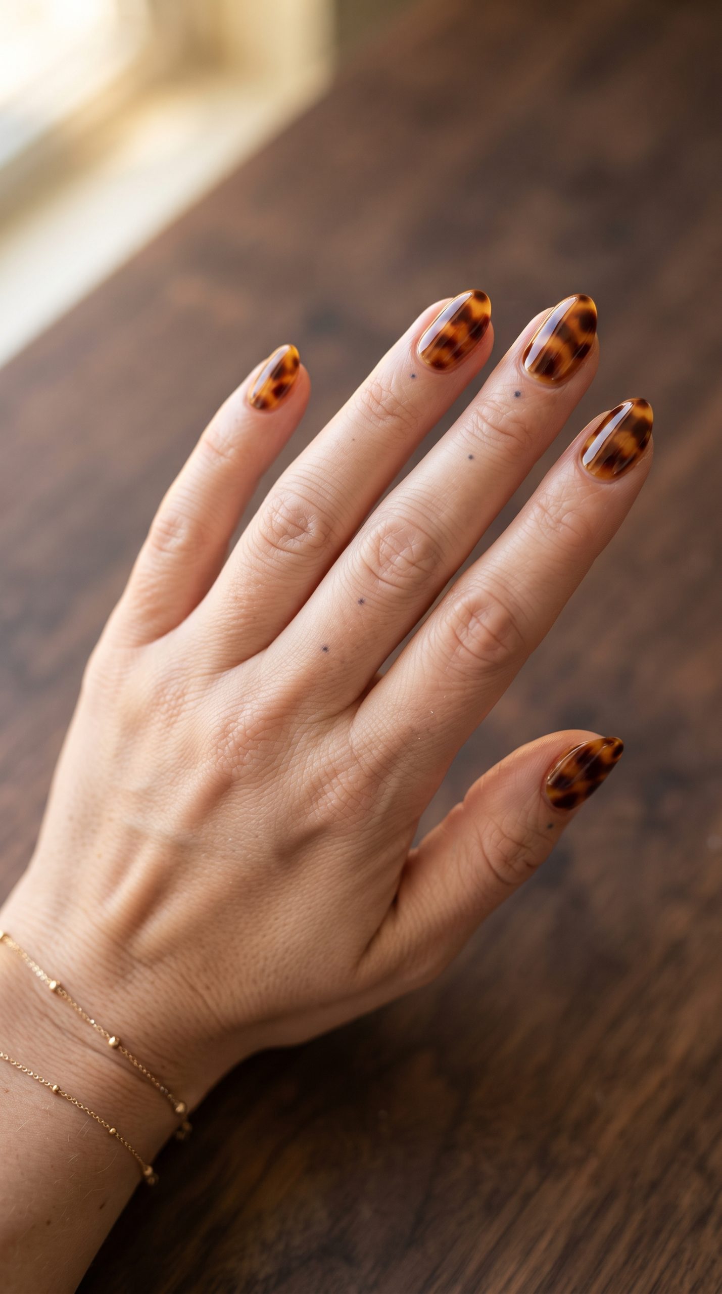thanksgiving nail designs: tortoiseshell pattern on short almond nails