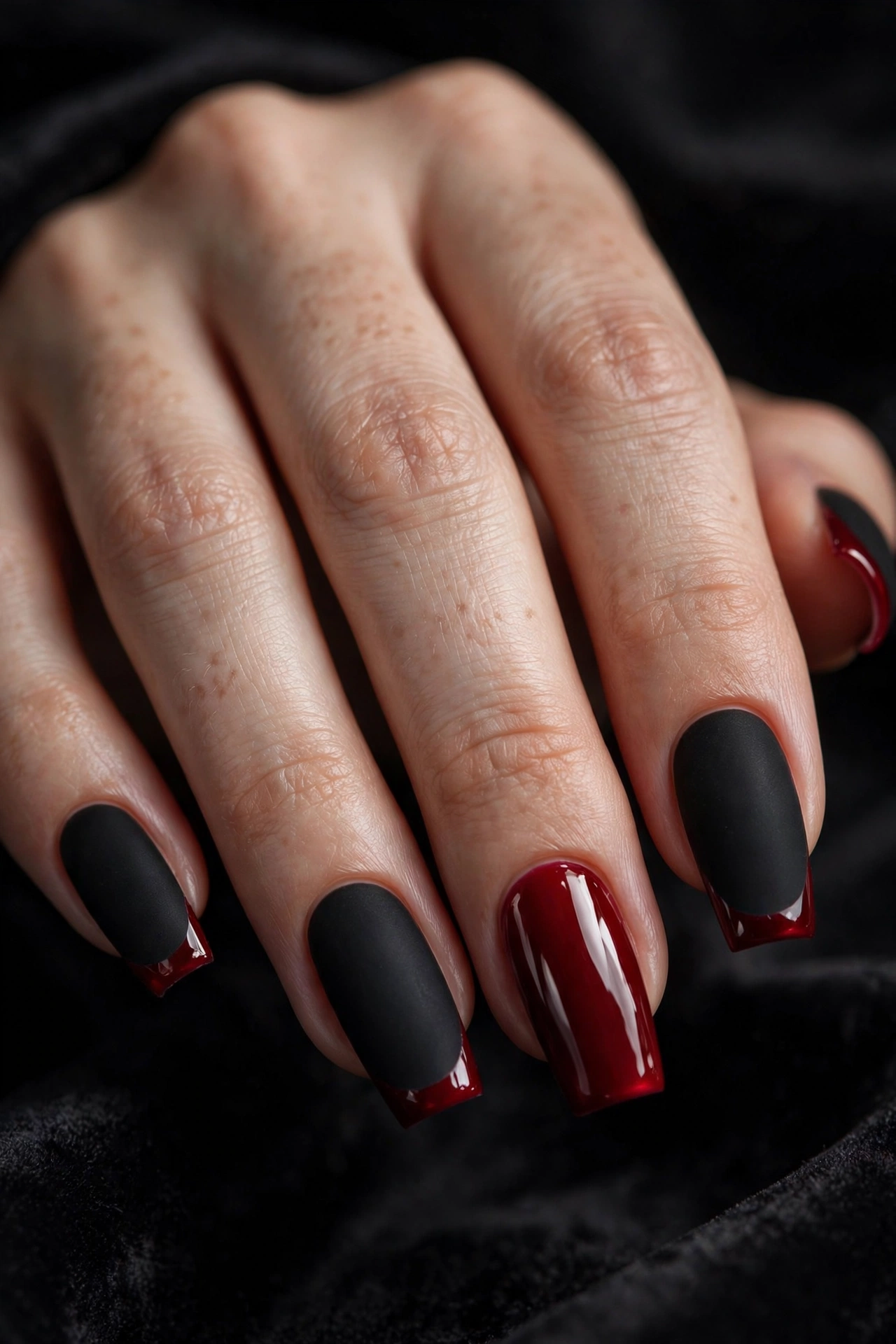 Matte black nails with glossy bloody french tip halloween nails design