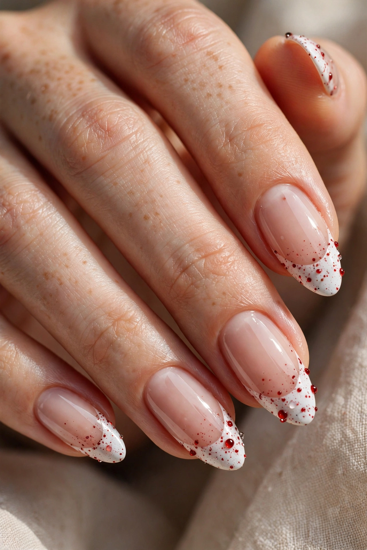 Blood splatter bloody french tip halloween nails with crimson speckles over milky white tips
