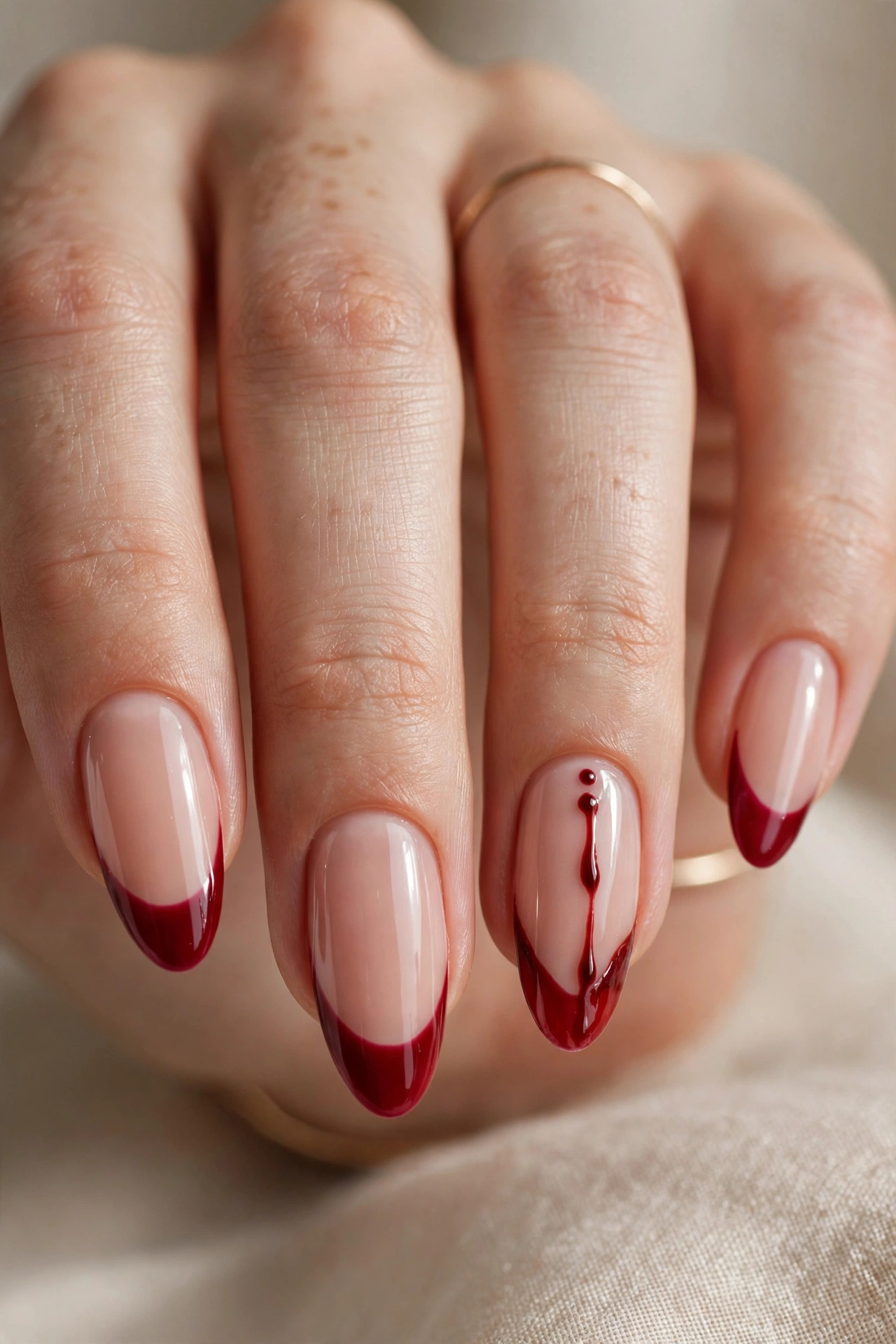 Bloody french tip halloween nails with vampire bite accent nail on ring finger