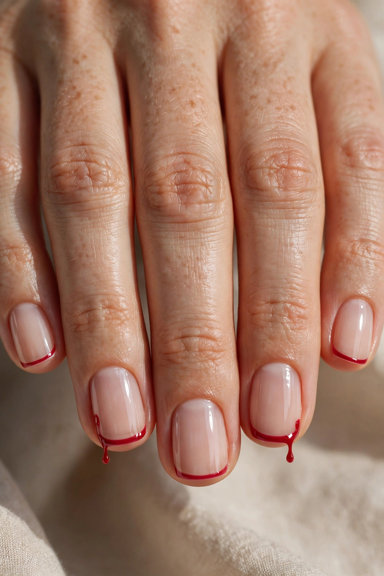 Short square bloody french tip halloween nails with neat crimson smile lines