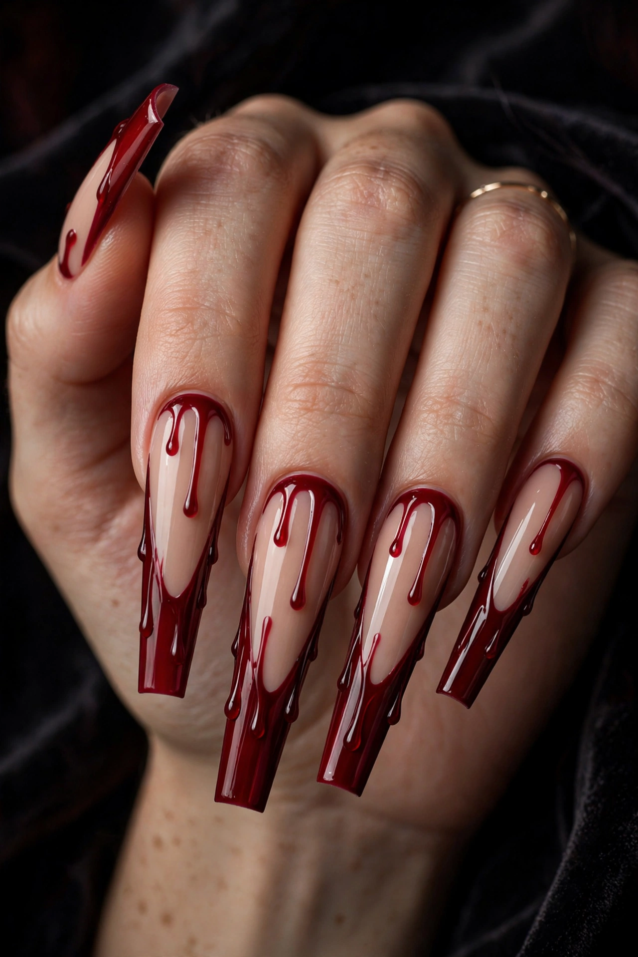 Long coffin bloody french tip halloween nails with dramatic dripping crimson tips