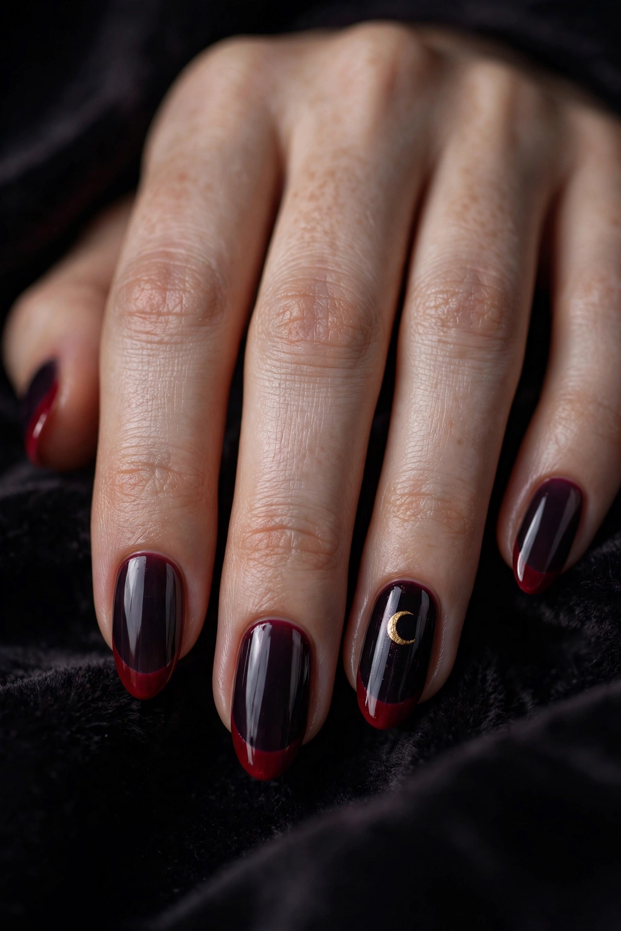 Blood moon bloody french tip halloween nails with black plum base and gold crescent moon accent