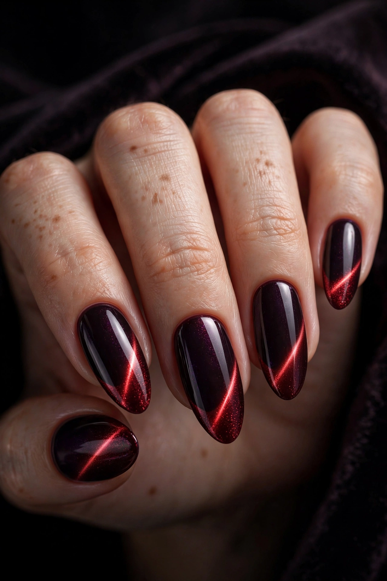 Cat eye magnetic bloody french tip halloween nails with shimmering crimson tips