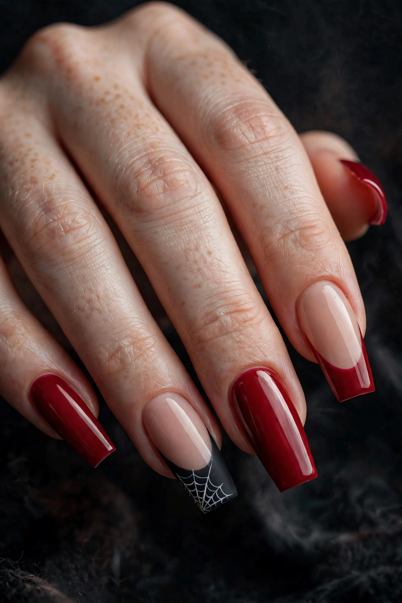 Bloody french tip halloween nails with spiderweb accent nail on black coffin nails