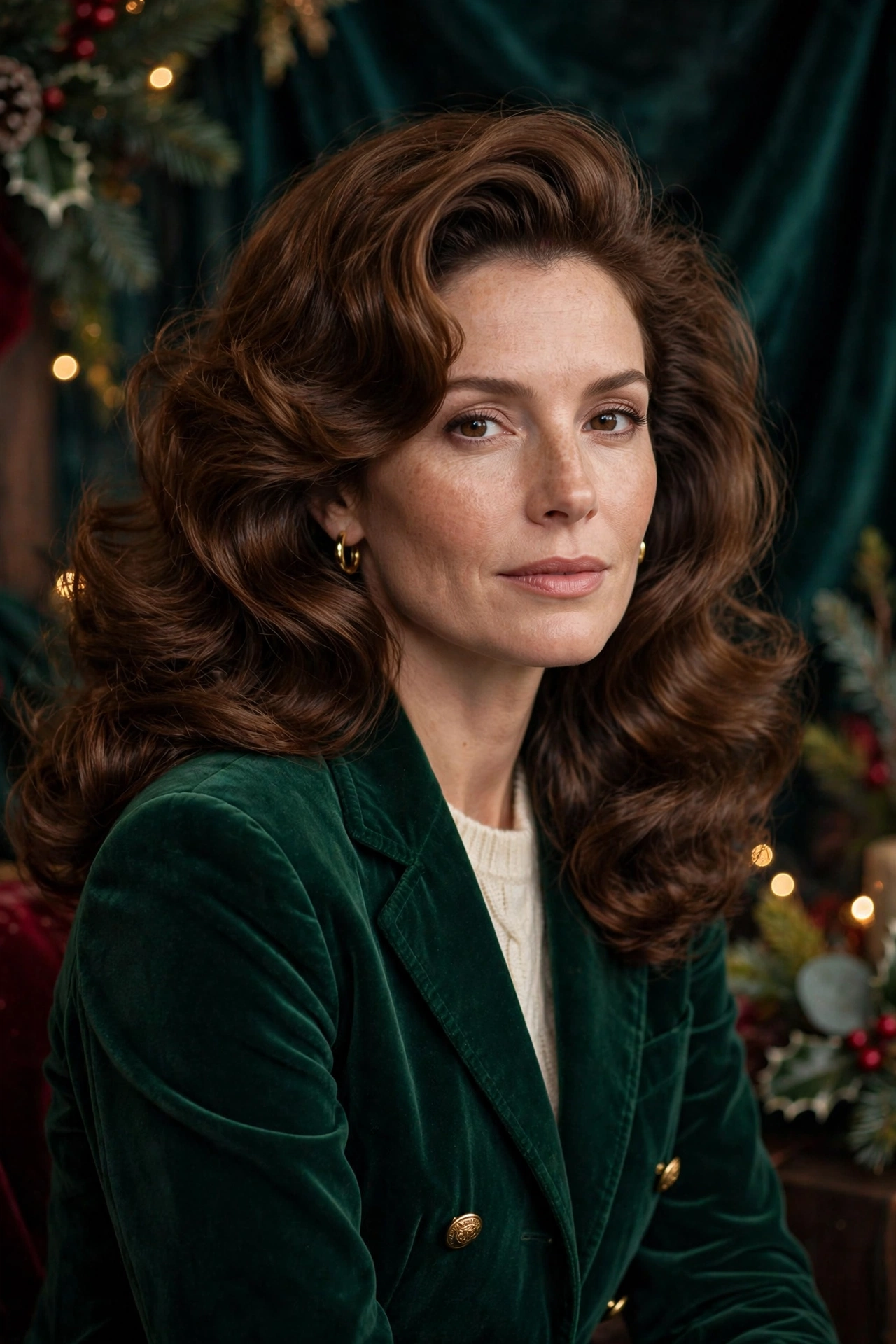 Bouncy blowout idea 1 - classic Ralph Lauren Christmas blowout voluminous chestnut hair on a real woman, holiday bouncy blowout hairstyle