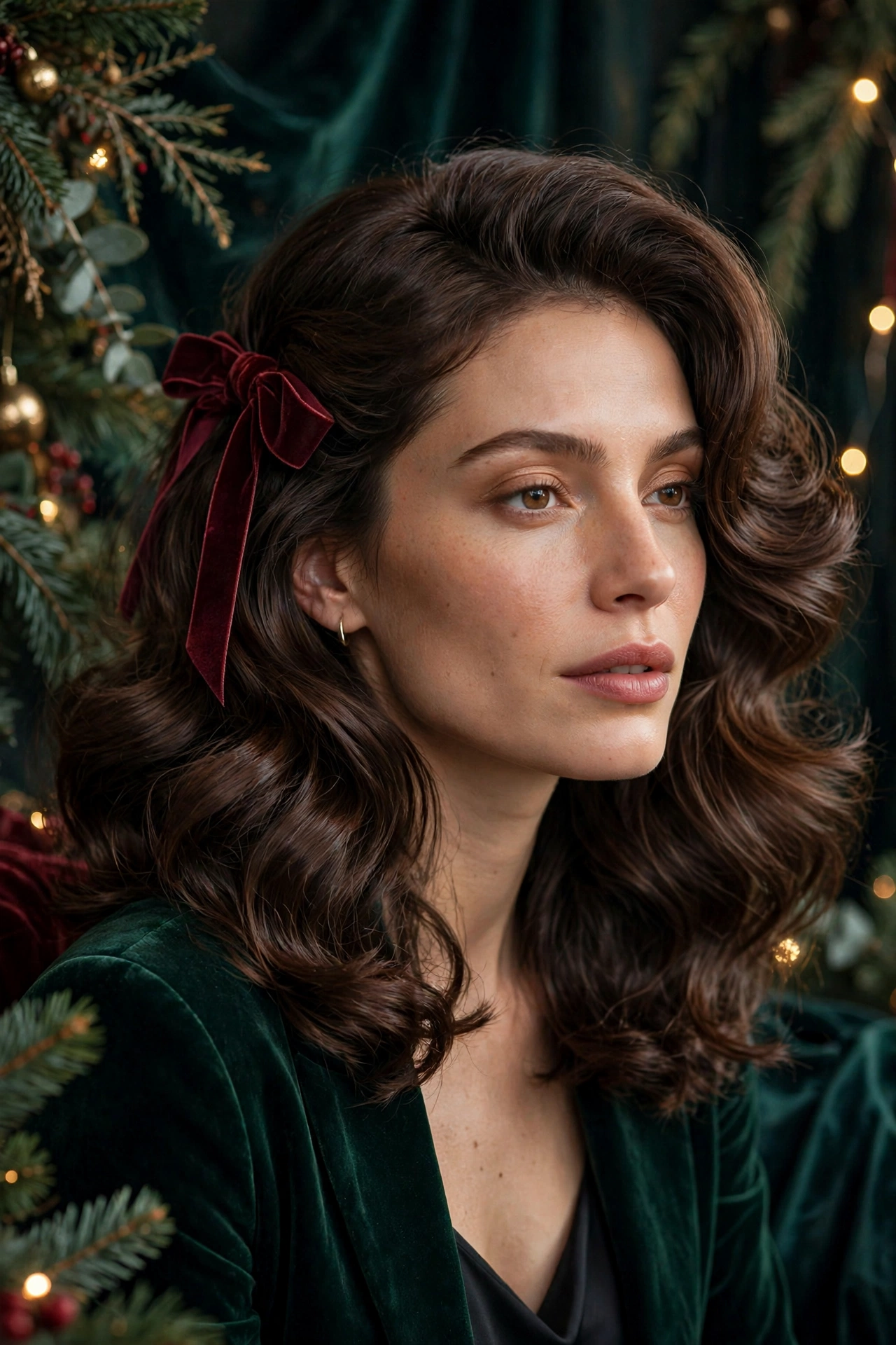 Bouncy blowout idea 7 - espresso brunette gloss bouncy blowout velvet ribbon on a real woman, holiday bouncy blowout hairstyle
