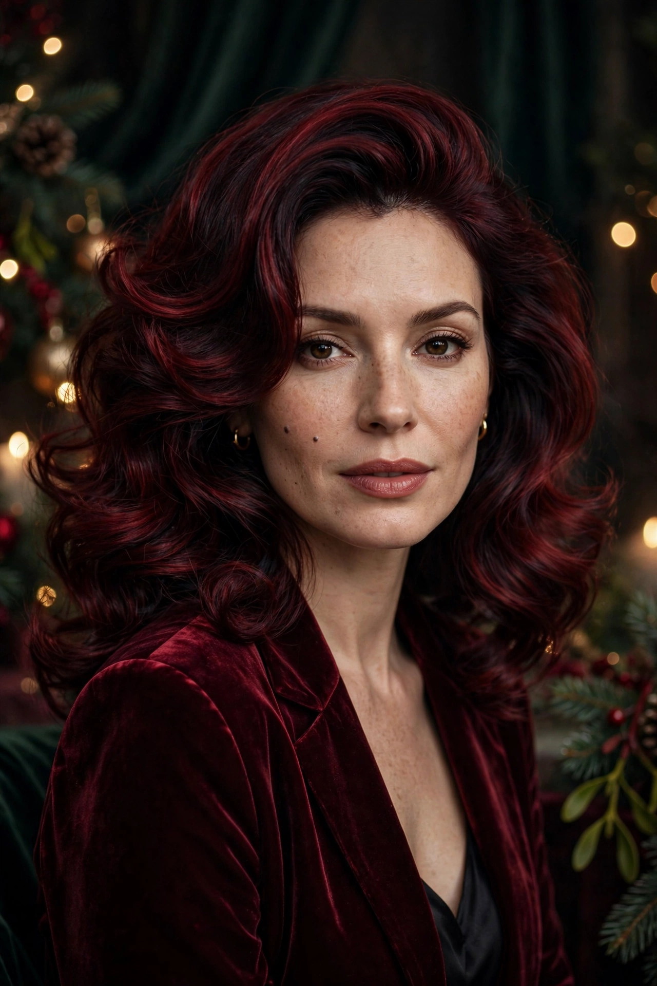 Bouncy blowout idea 9 - burgundy jewel tone bouncy blowout red hair on a real woman, holiday bouncy blowout hairstyle