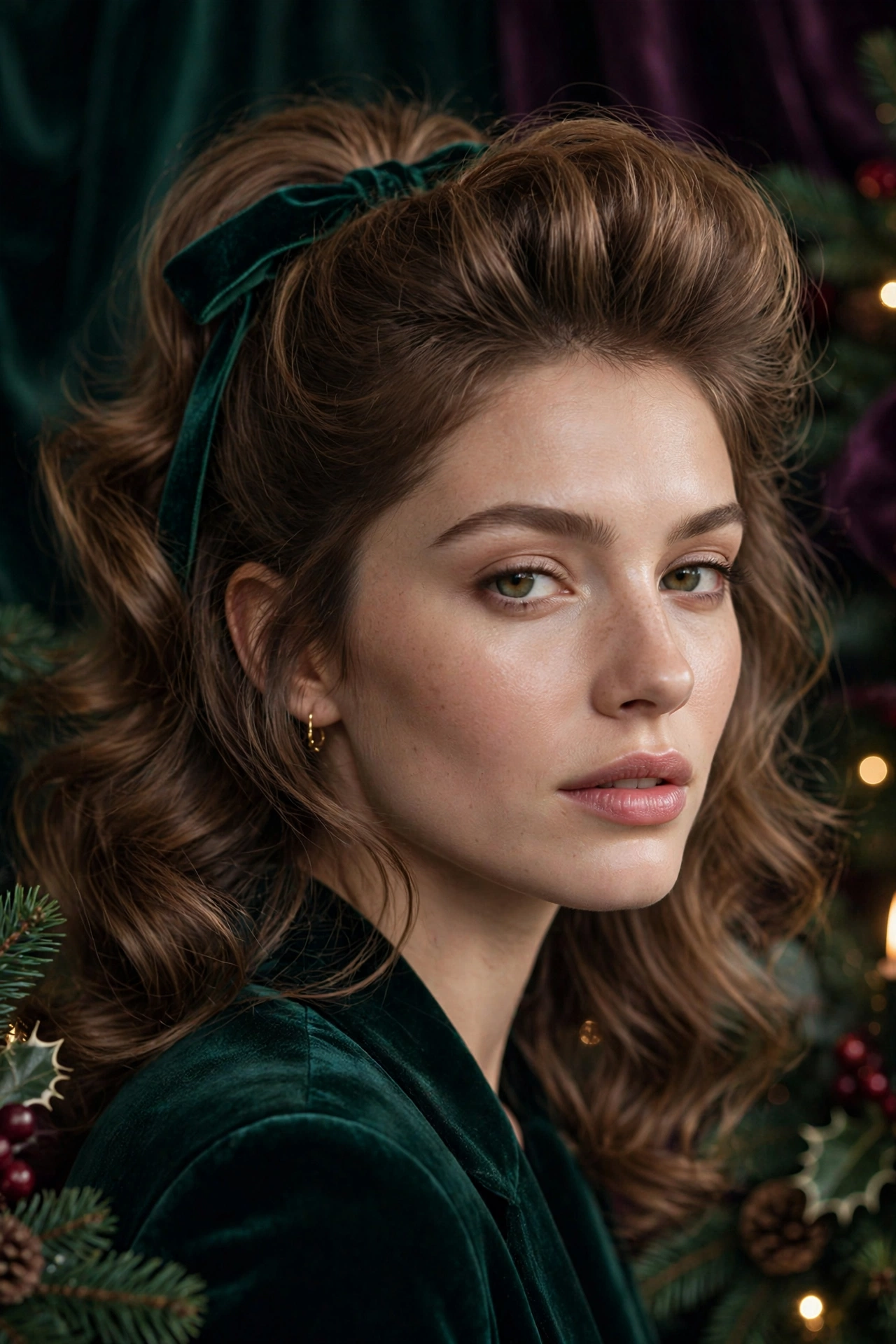 Bouncy blowout idea 10 - half up bouncy blowout velvet ribbon crown volume on a real woman, holiday bouncy blowout hairstyle