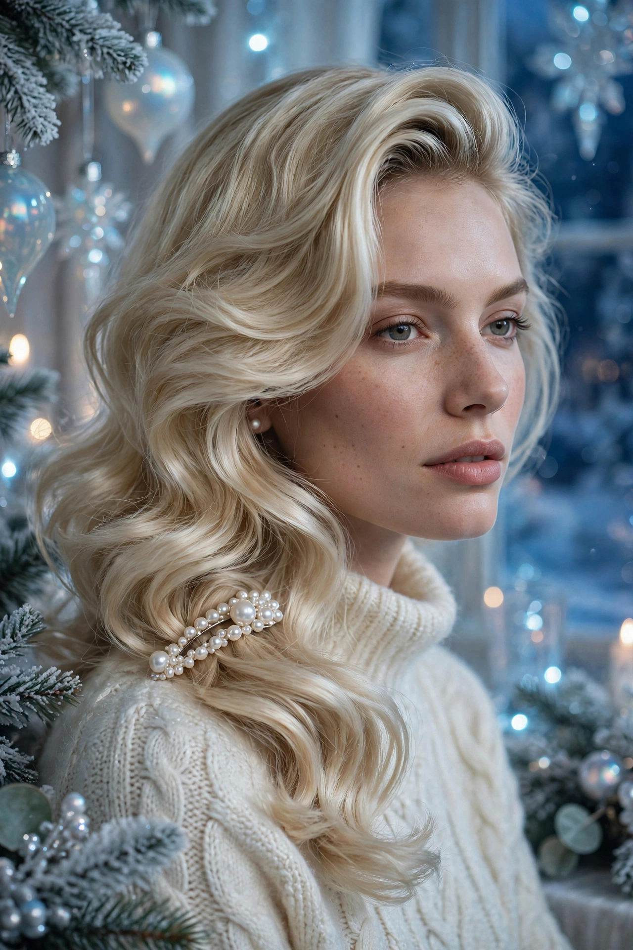 Bouncy blowout idea 15 - side swept pearl blonde bouncy blowout Christmas Eve on a real woman, holiday bouncy blowout hairstyle