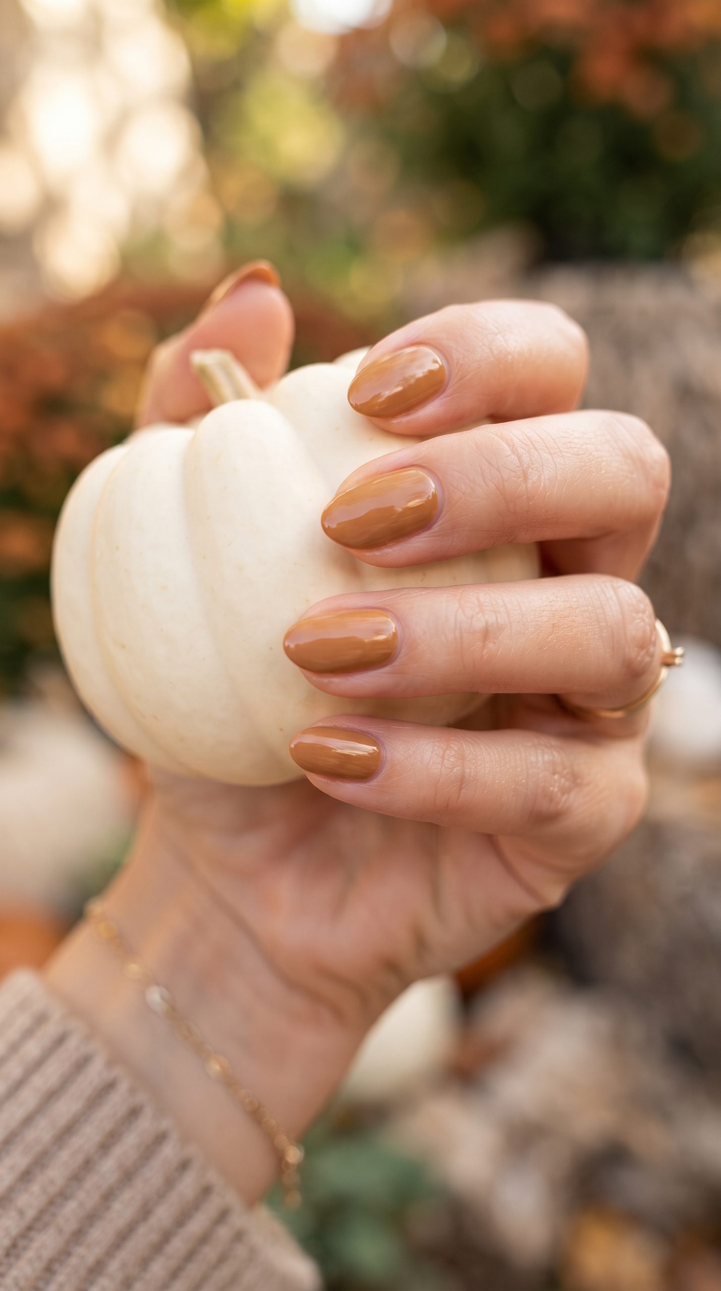 thanksgiving nail designs: short almond caramel creme nails