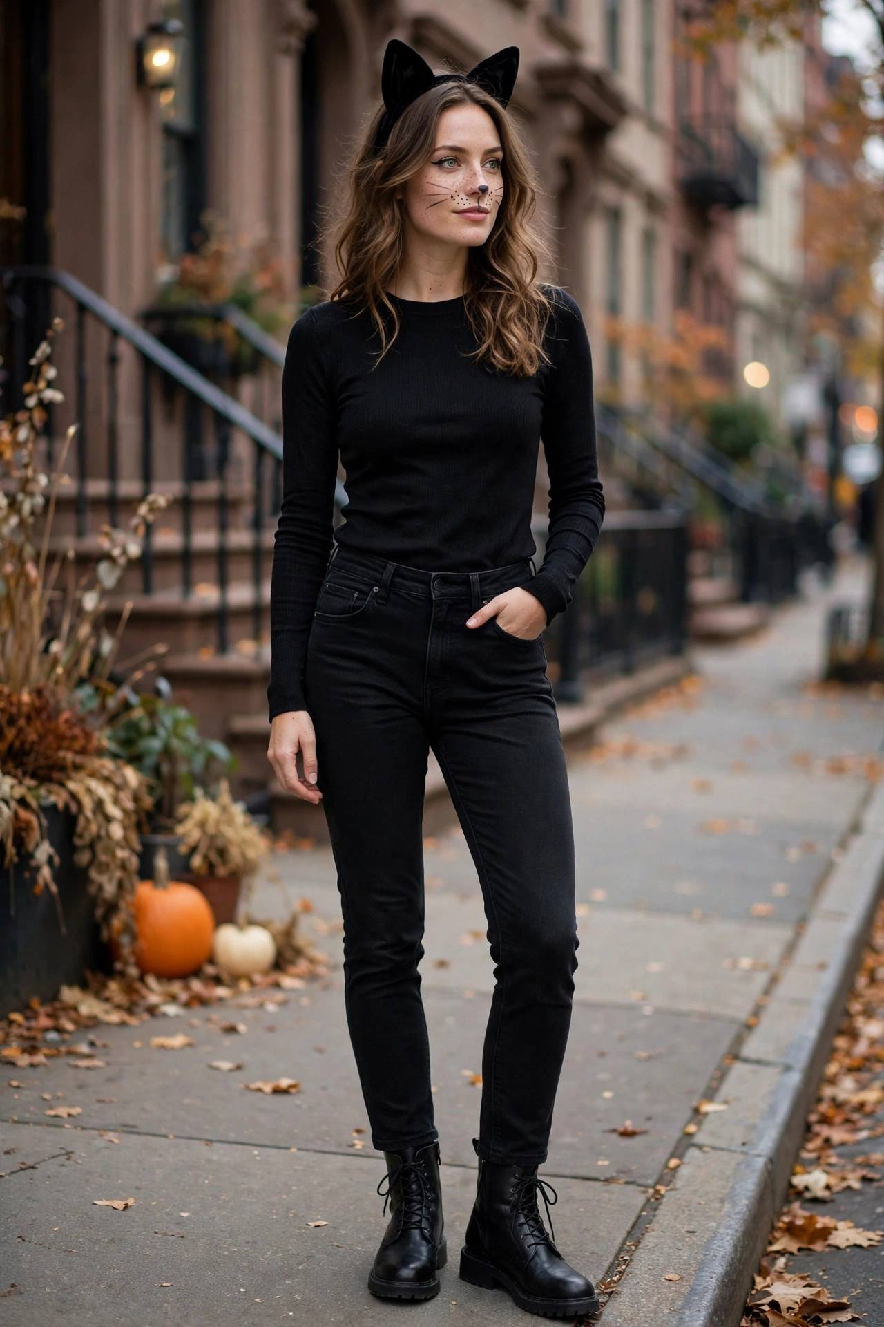 Casual Halloween outfits: black cat look with black jeans, black top and cat ears