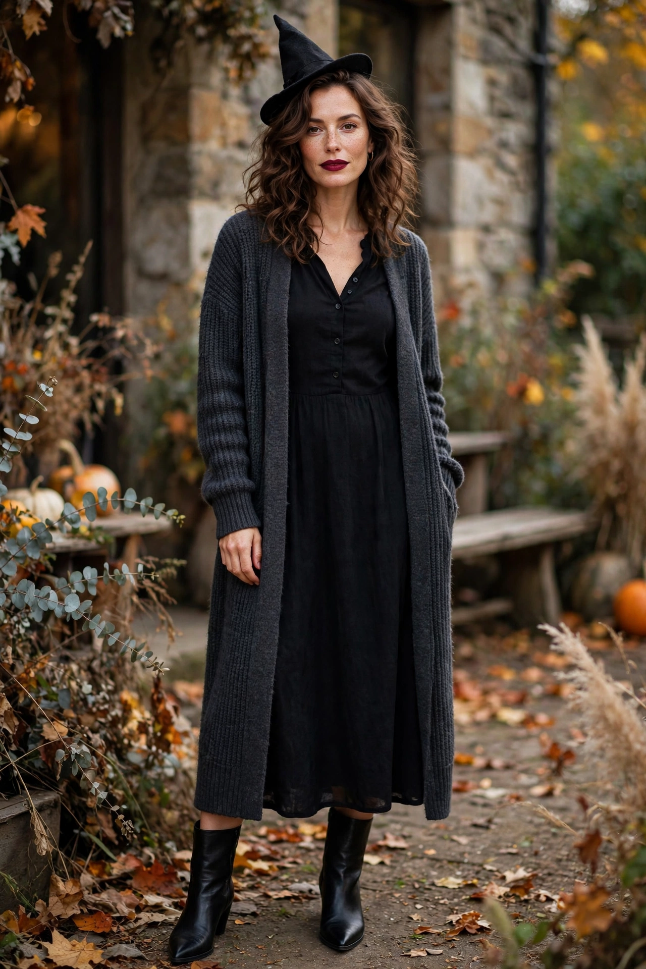 Witchy Halloween look with black midi dress, cardigan and small witch hat
