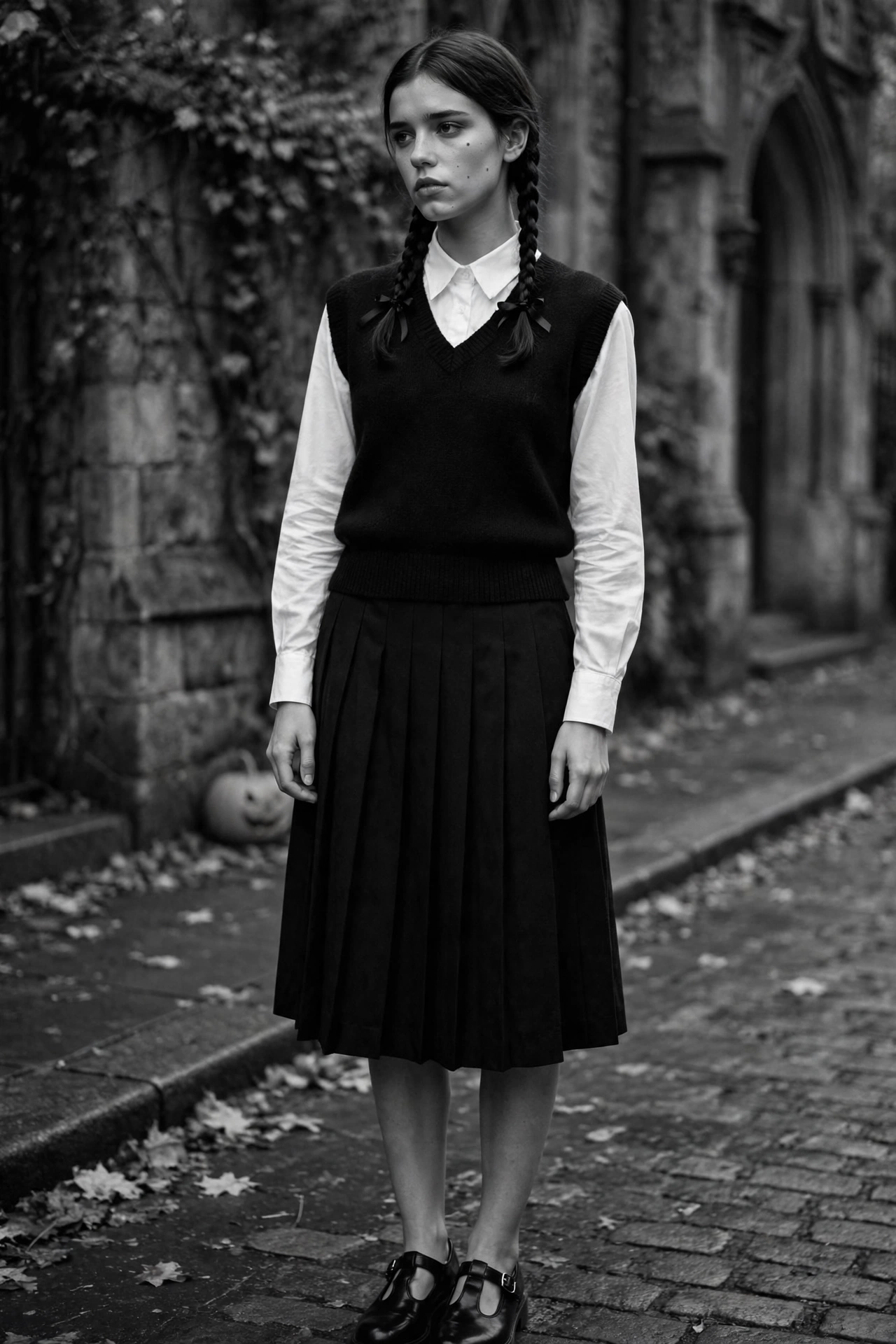 Wednesday-inspired schoolgirl Halloween look with white collar shirt, sweater vest and braids