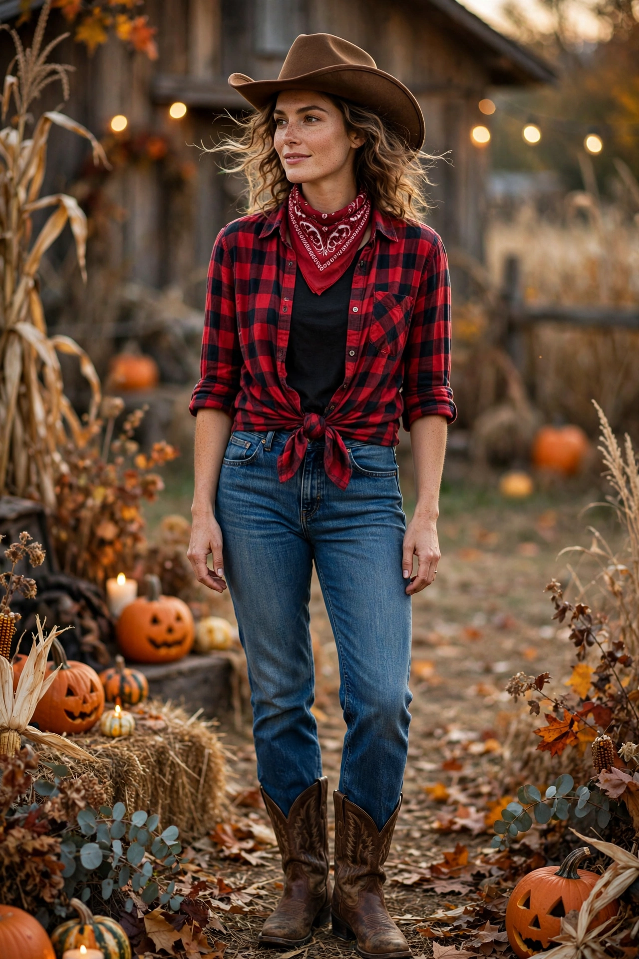 Cowgirl Halloween look with denim jeans, plaid shirt, cowboy boots and hat