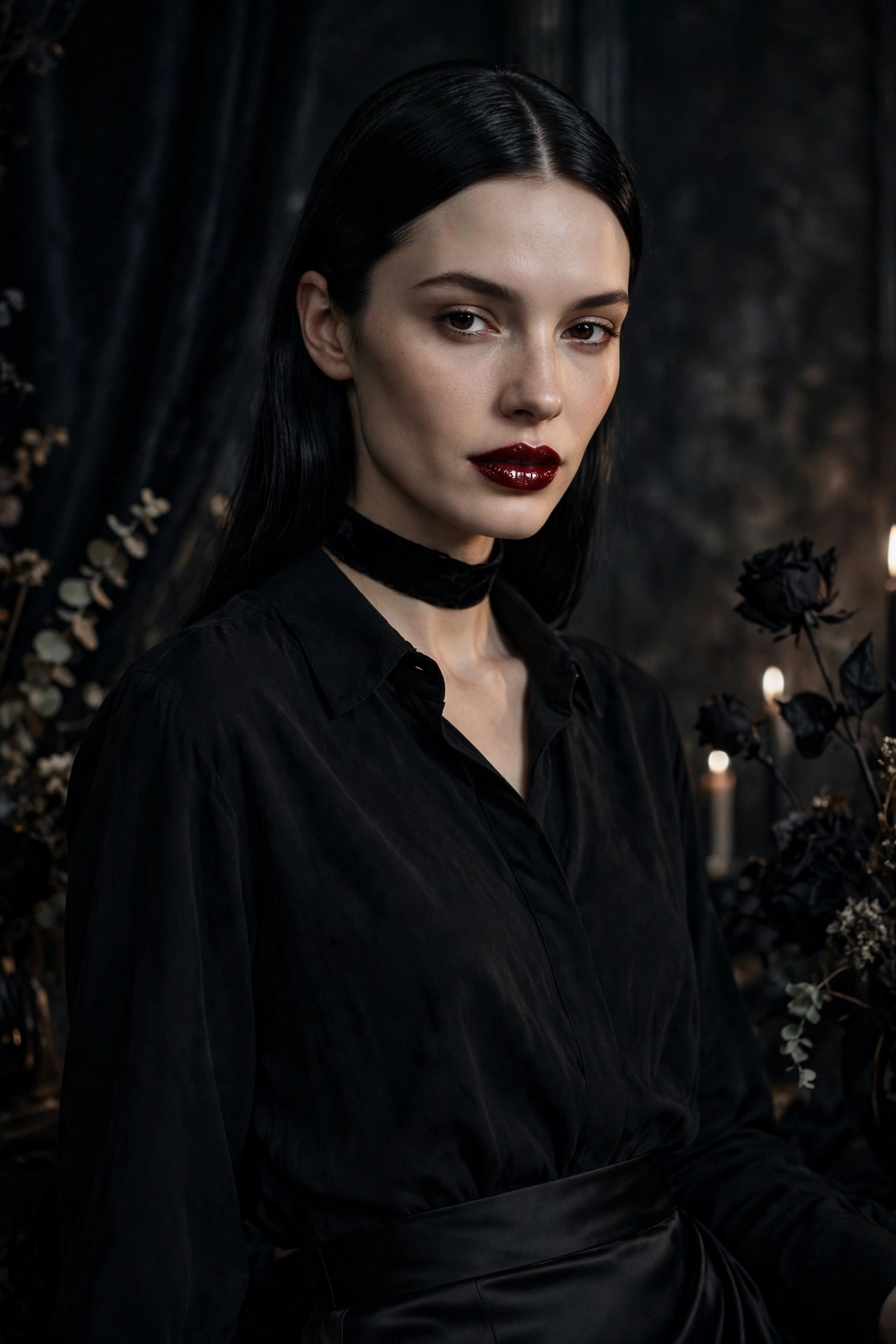 Casual Halloween outfits: vampire look with all-black outfit, red lip and velvet choker