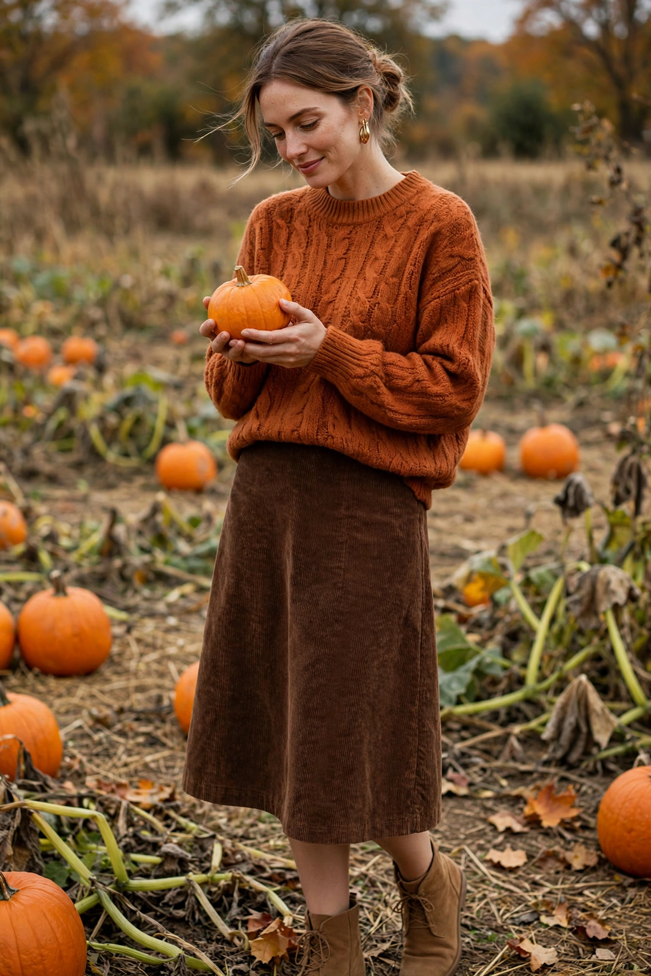 Pumpkin spice Halloween look with orange sweater, brown skirt and boots