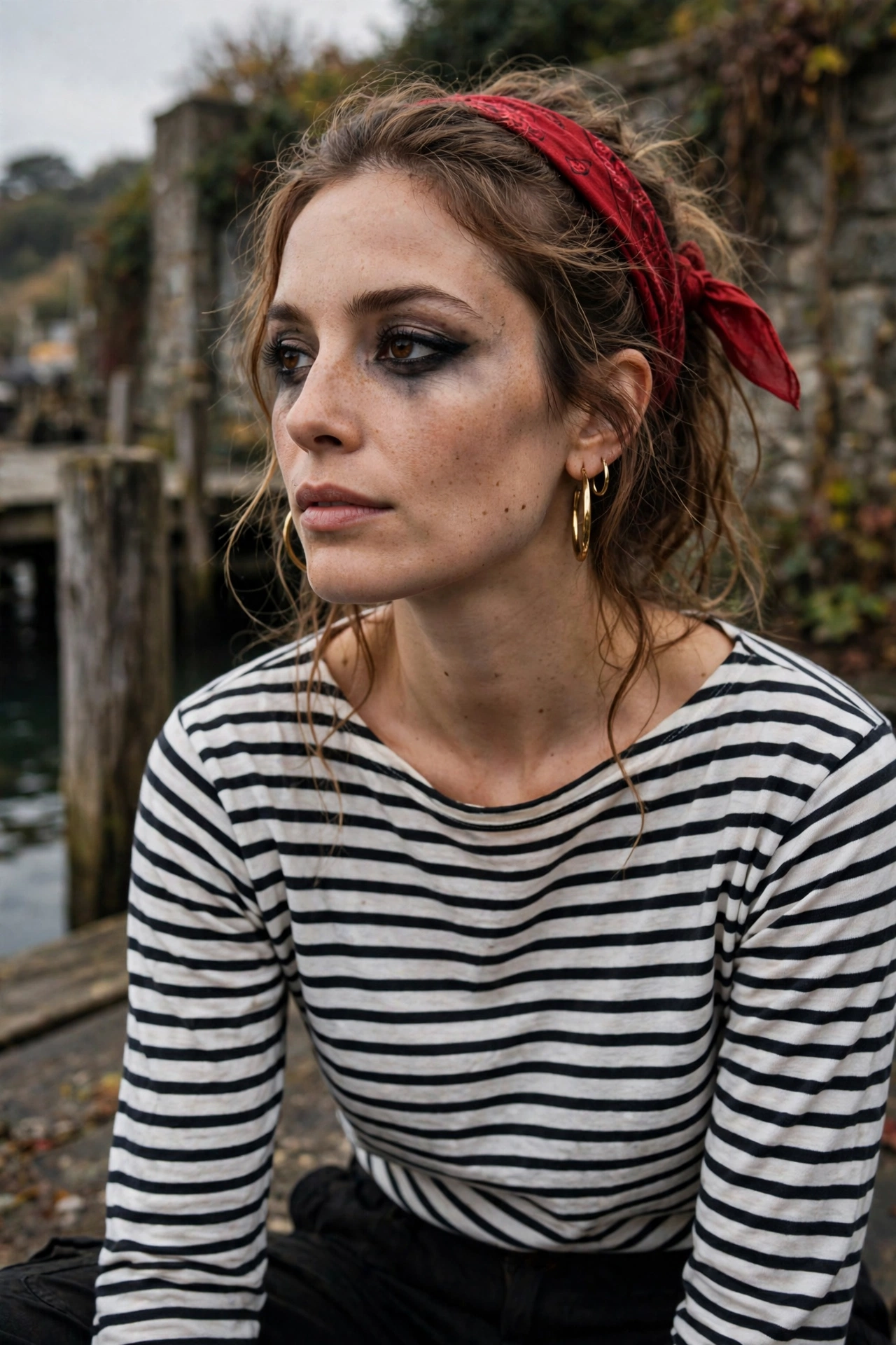 Pirate Halloween look with striped top, black pants and red bandana