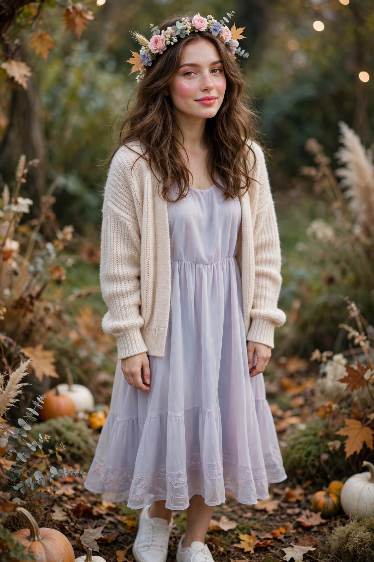 Fairy Halloween look with pastel flowy dress, cardigan and white sneakers