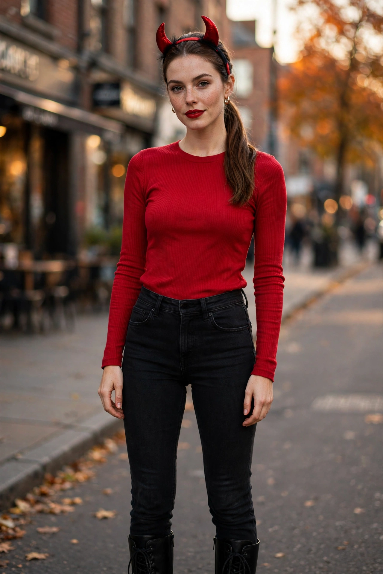 Casual Halloween outfits: devil look with red top, black jeans and small red horns