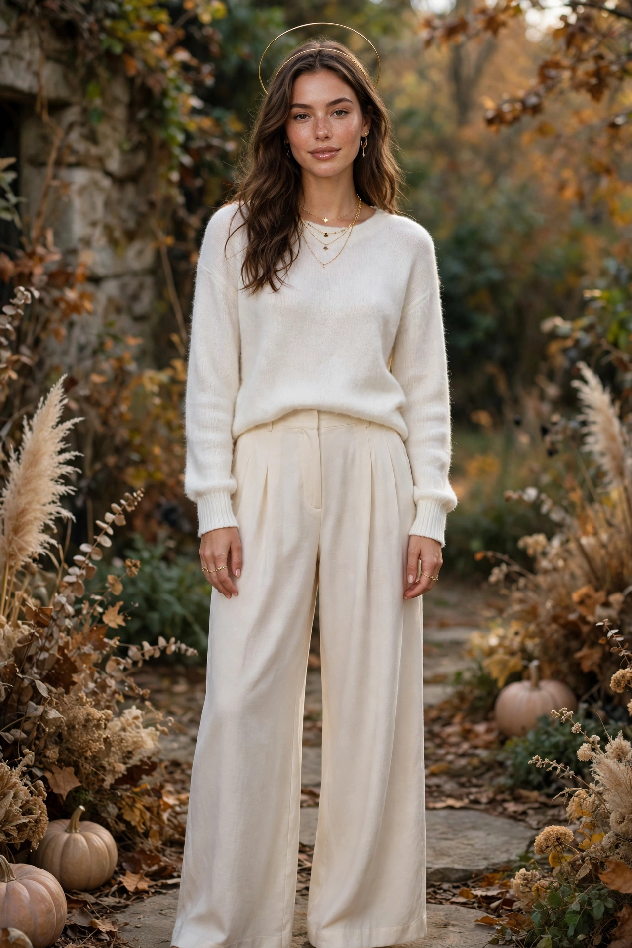 Angel Halloween look in cream and white with delicate gold halo