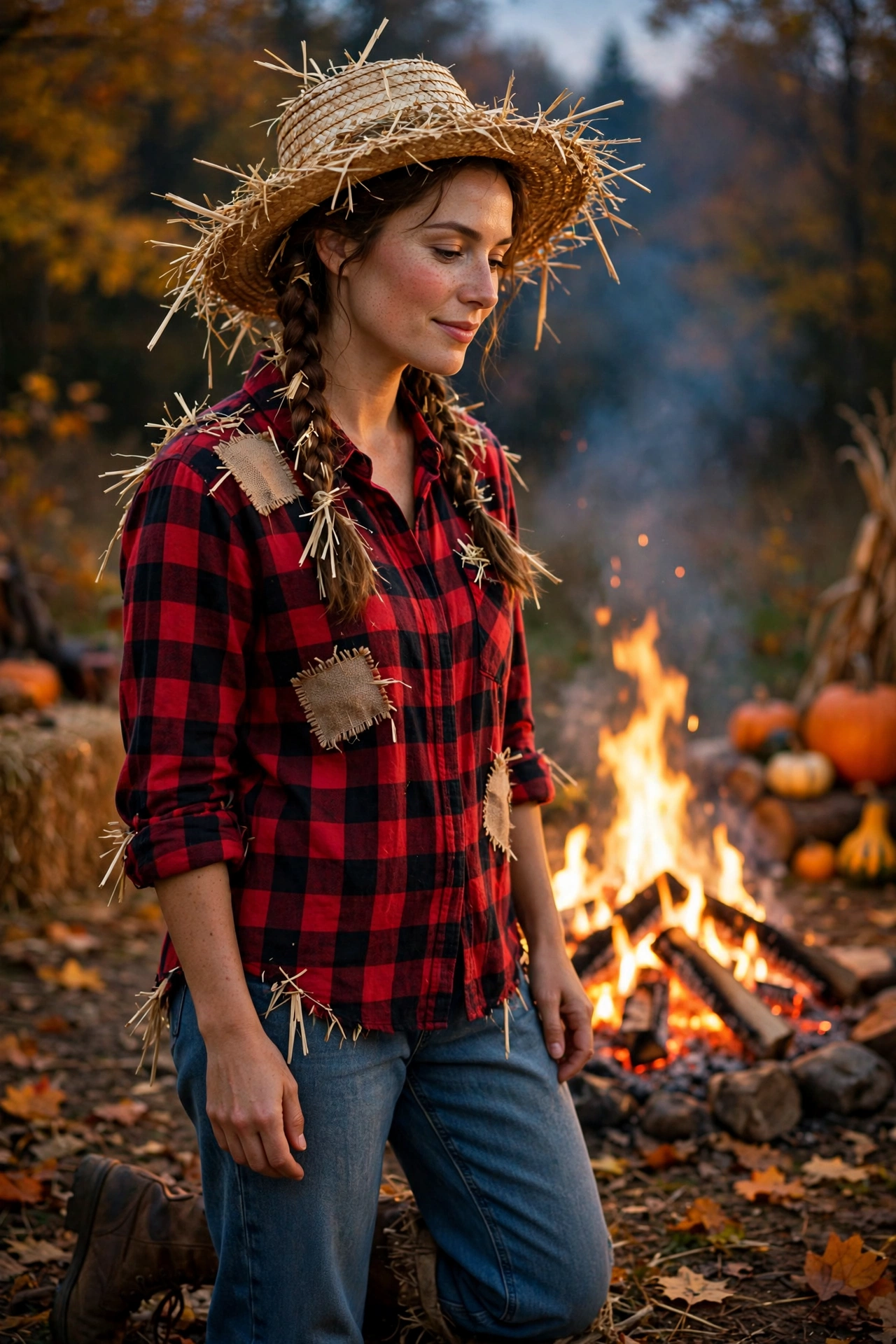 Scarecrow Halloween look with plaid flannel shirt, jeans and straw hat