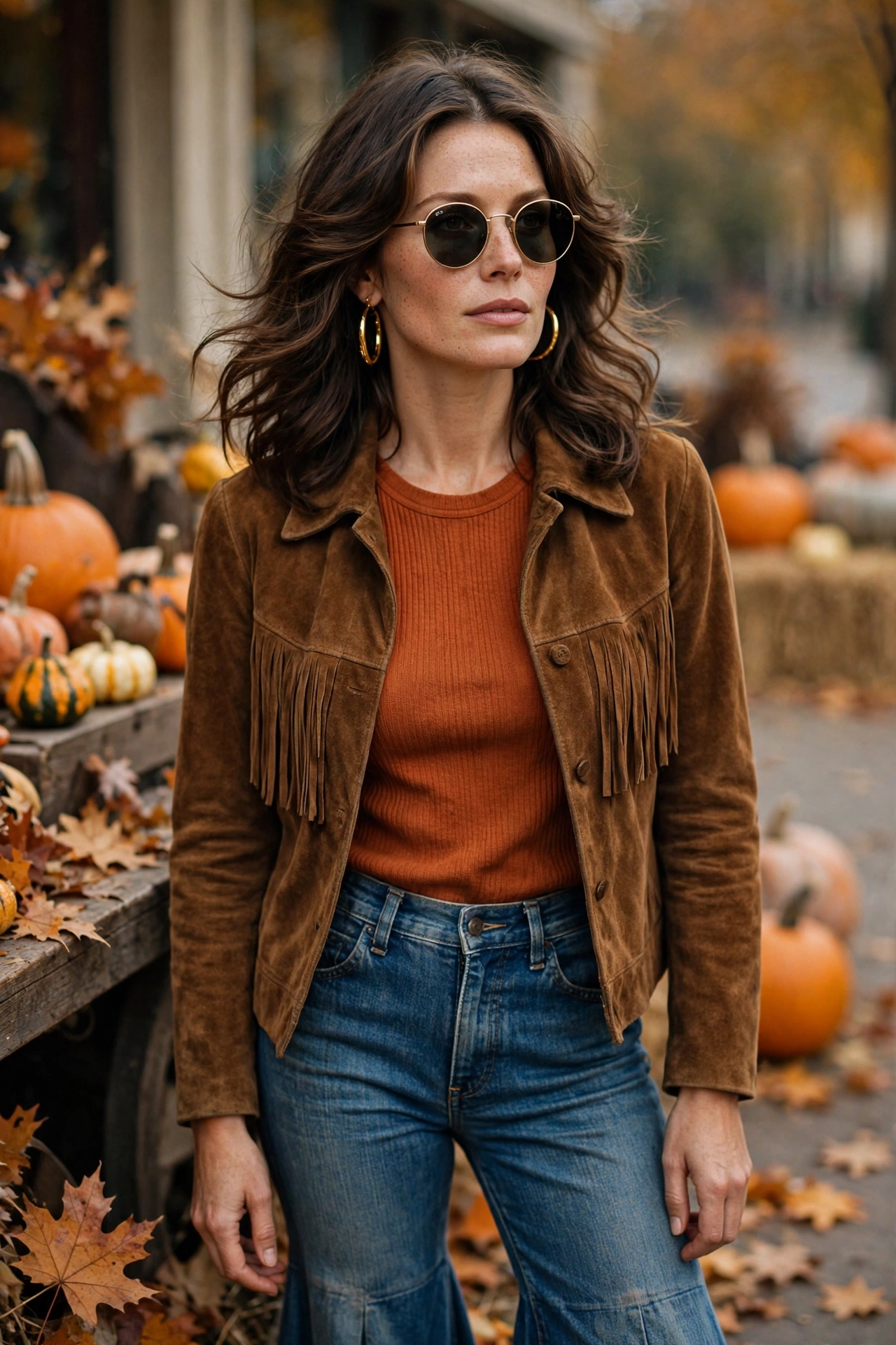 70s retro Halloween look with flared jeans, rust top and round sunglasses