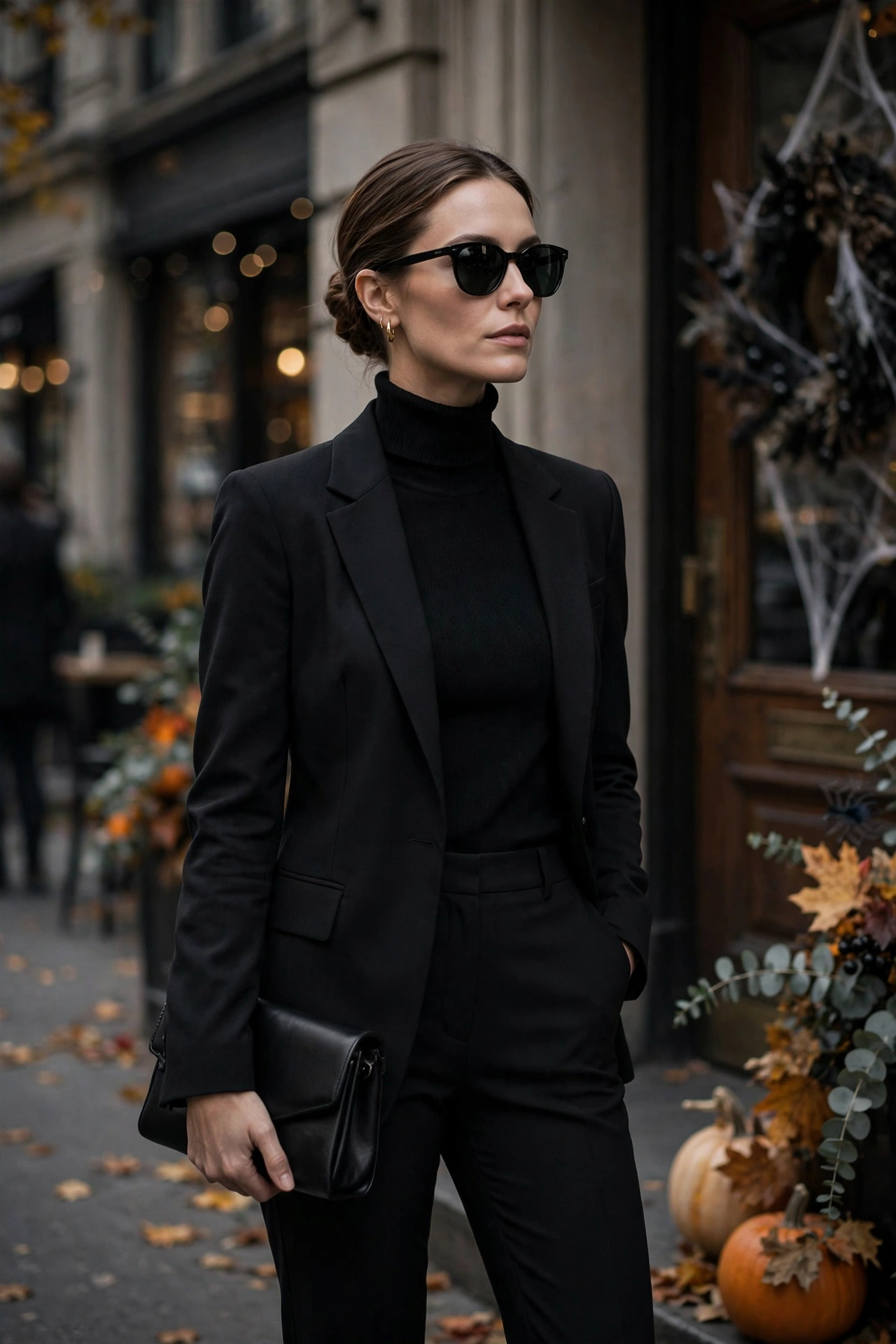 Casual Halloween outfits: secret agent look with black blazer, turtleneck and sunglasses