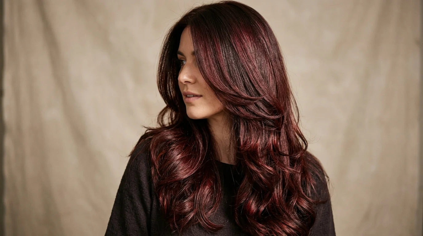 Signature cherry cola hair color on long layered hair, burgundy cherry reflects over deep brunette base
