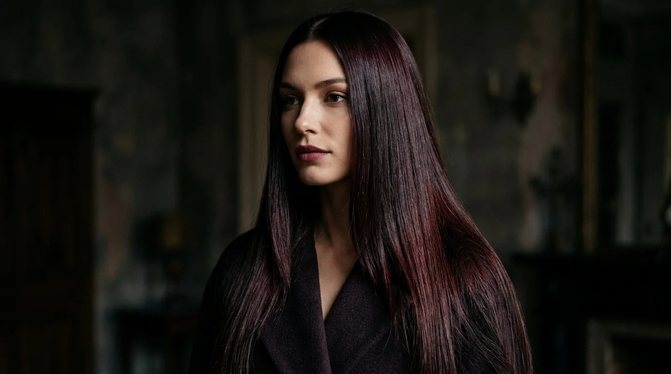 Dark cherry cola hair color on sleek straight hair, near-black base with subtle red flash