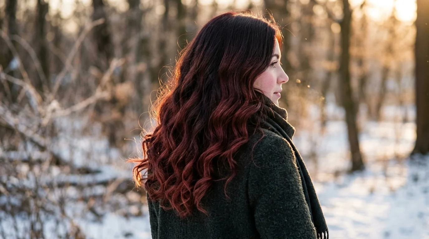Cherry cola hair color balayage, hand-painted burgundy through dark brown lengths