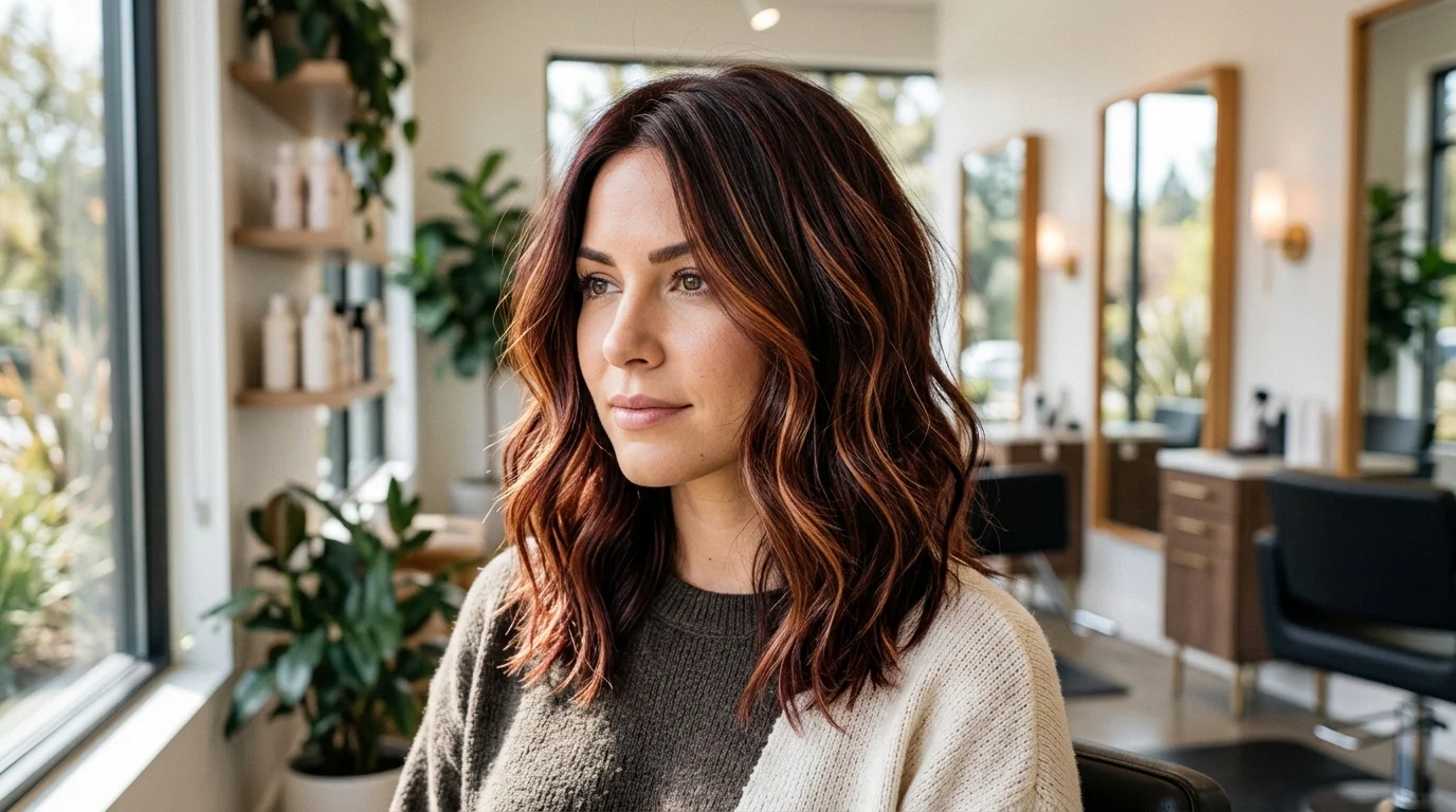 Cherry cola ombre, dark roots melting into cherry red ends