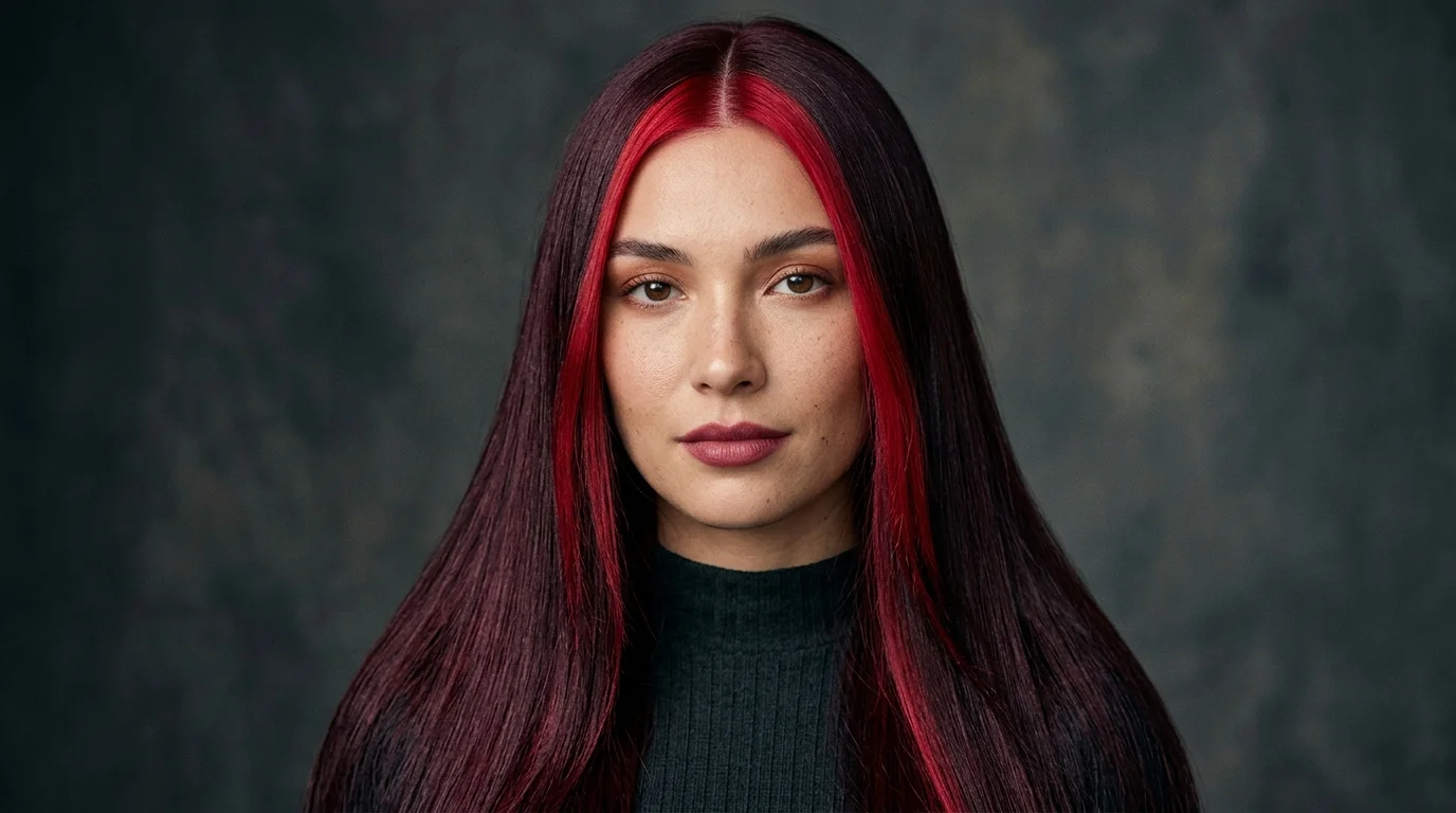 Glass cherry cola hair color, pin-straight sleek hair with mirror burgundy shine