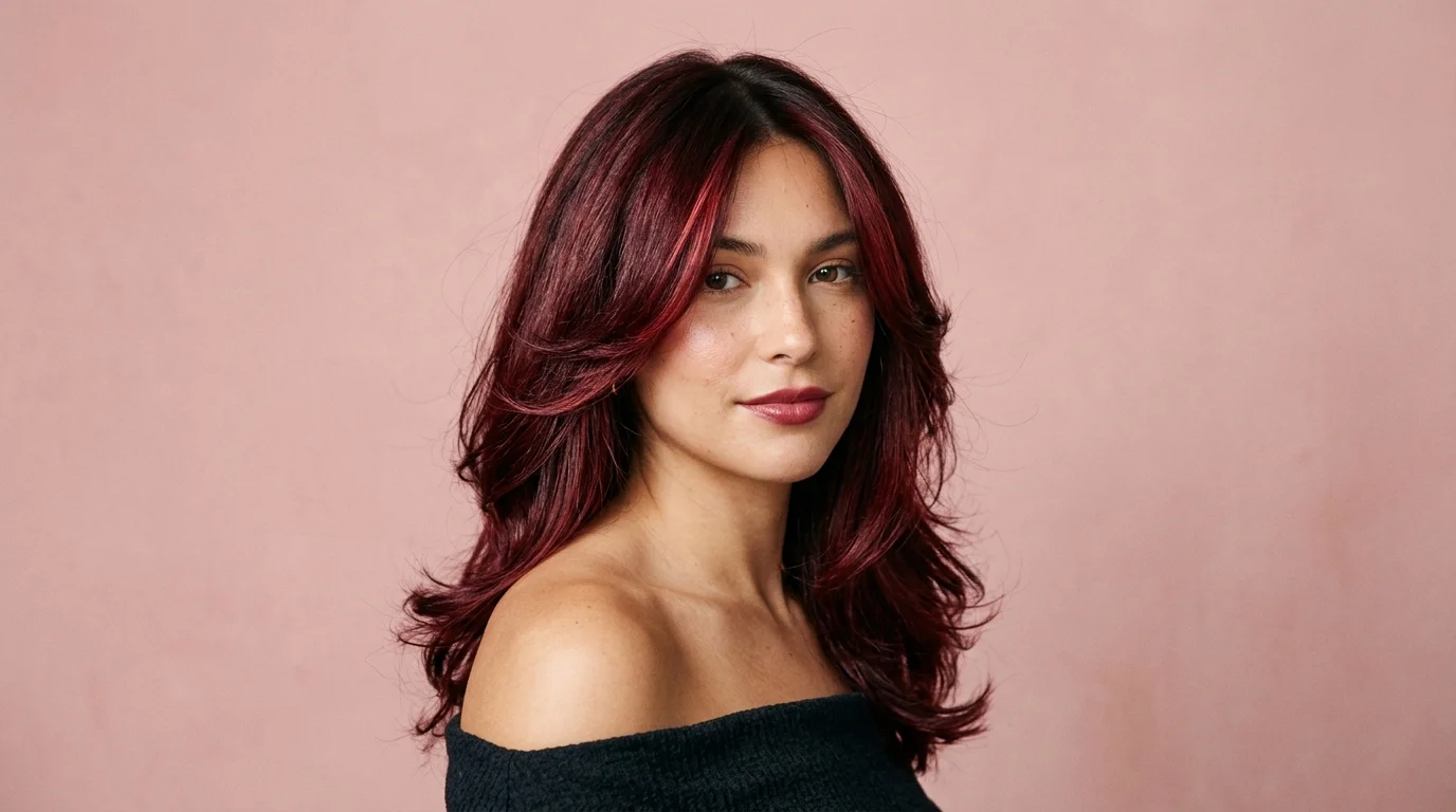 Cherry cola hair color on long bouncy waves, burgundy shine in winter light