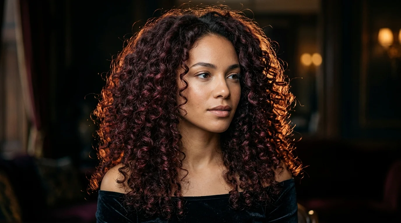 Cherry cola hair color on defined curls, cherry glow through dark curly hair