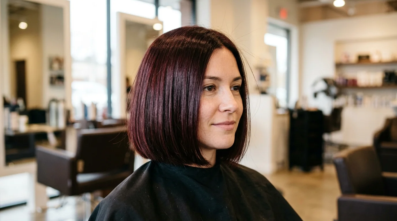 Cherry cola hair color bob, chin-length bob with burgundy shine