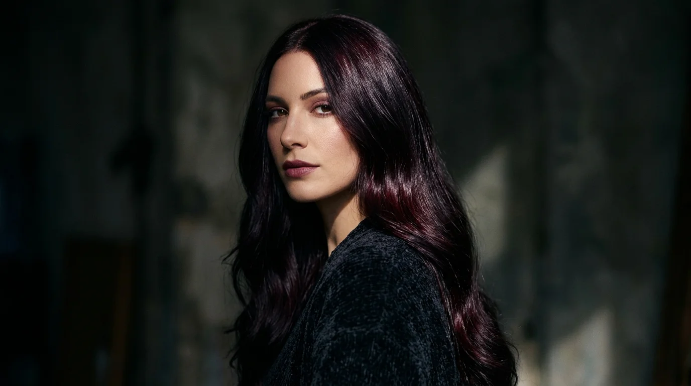 Cherry cola lob, long bob with soft waves in burgundy red brown