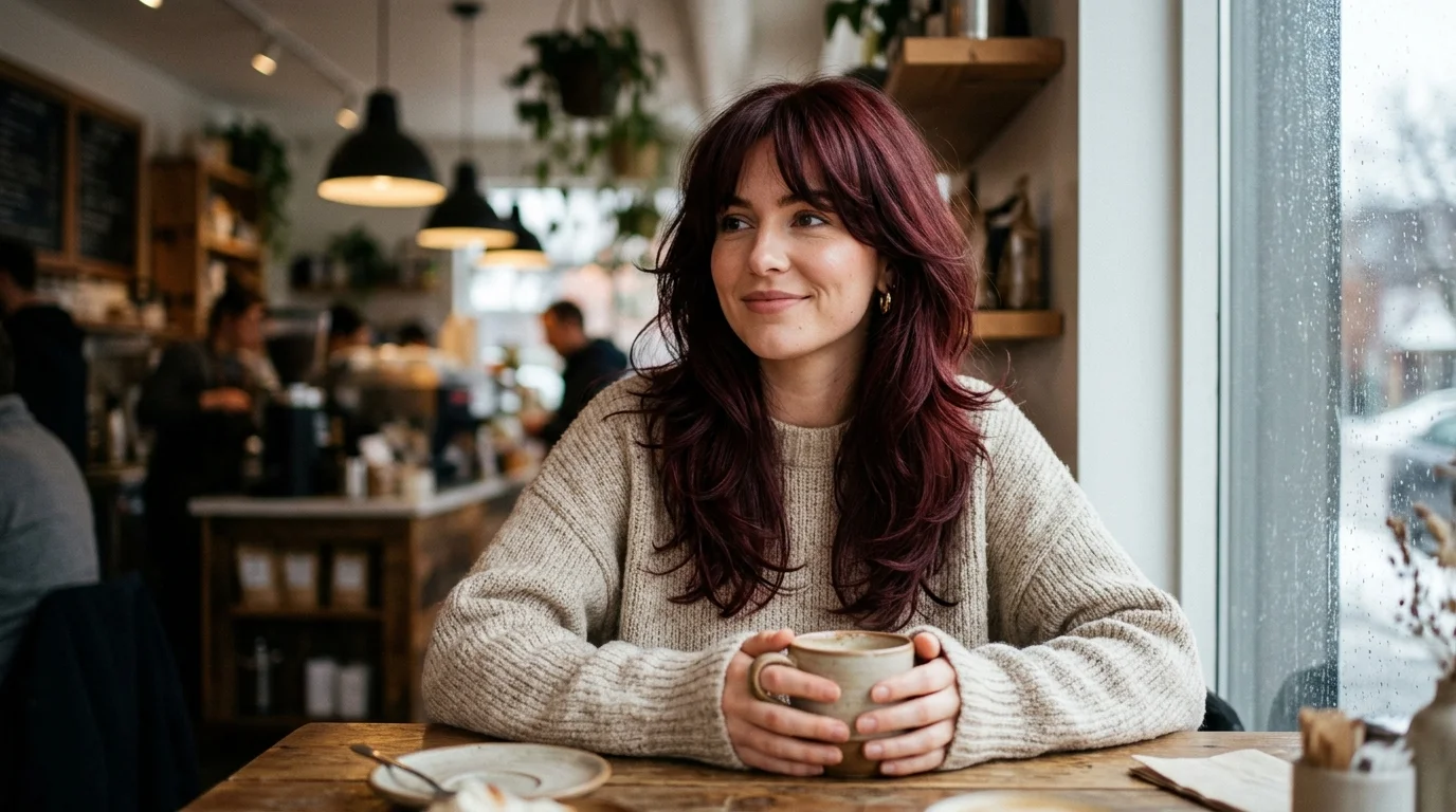 Cherry cola hair color with curtain bangs, burgundy lengths framing the face