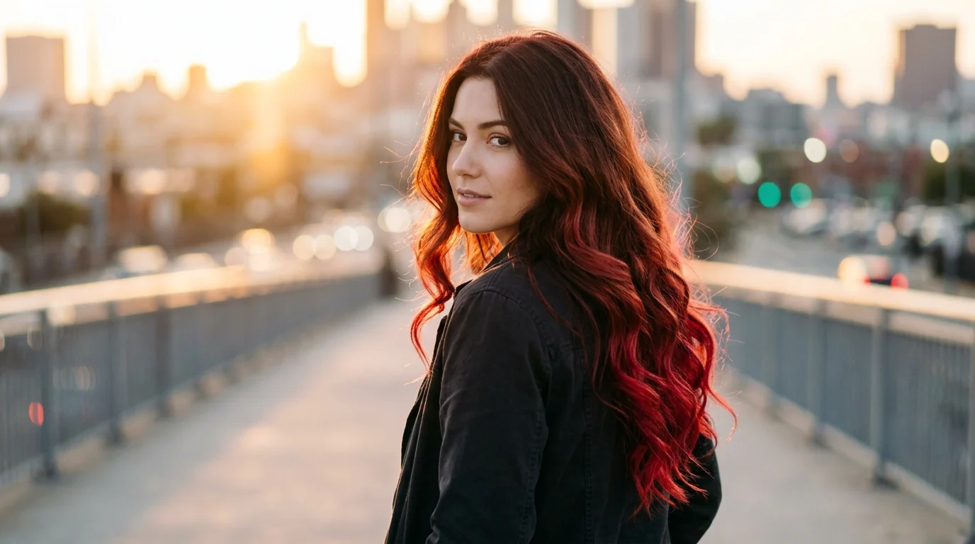 Cherry cola hair color with money piece, bright face-framing cherry ribbons