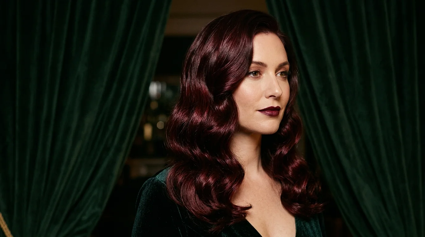 Cherry cola hair color with face-framing layers, long layers with burgundy face frame