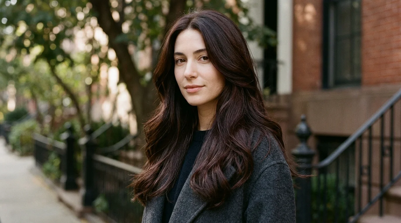 Subtle cherry cola hair color tint, barely-there cherry gloss over natural brunette
