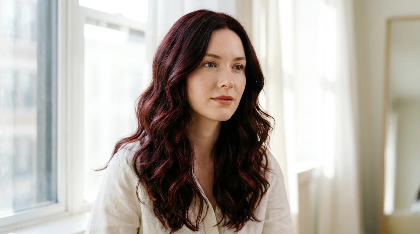 Deep burgundy cherry cola hair color, wine-leaning purple red depth on long hair