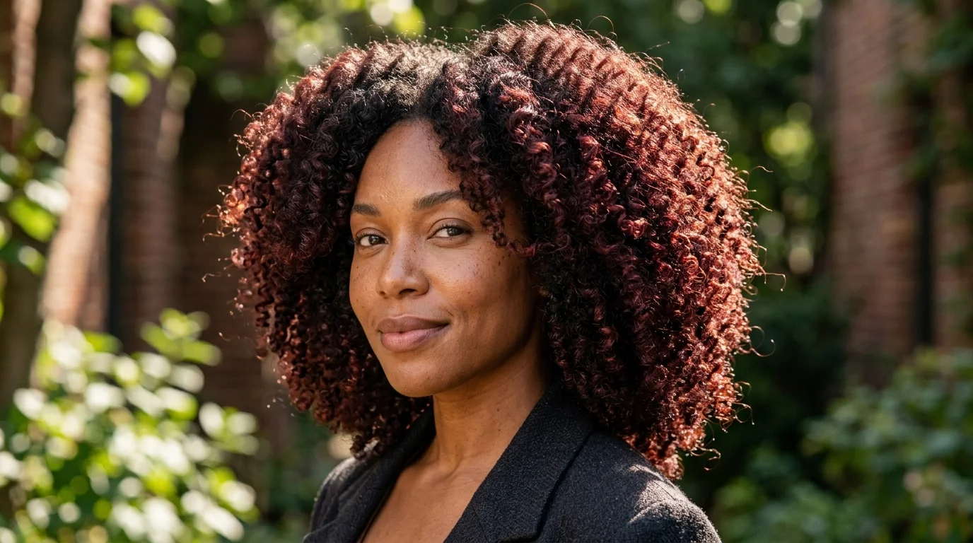 Cherry cola hair color on coily hair, cherry dimension through dark coils
