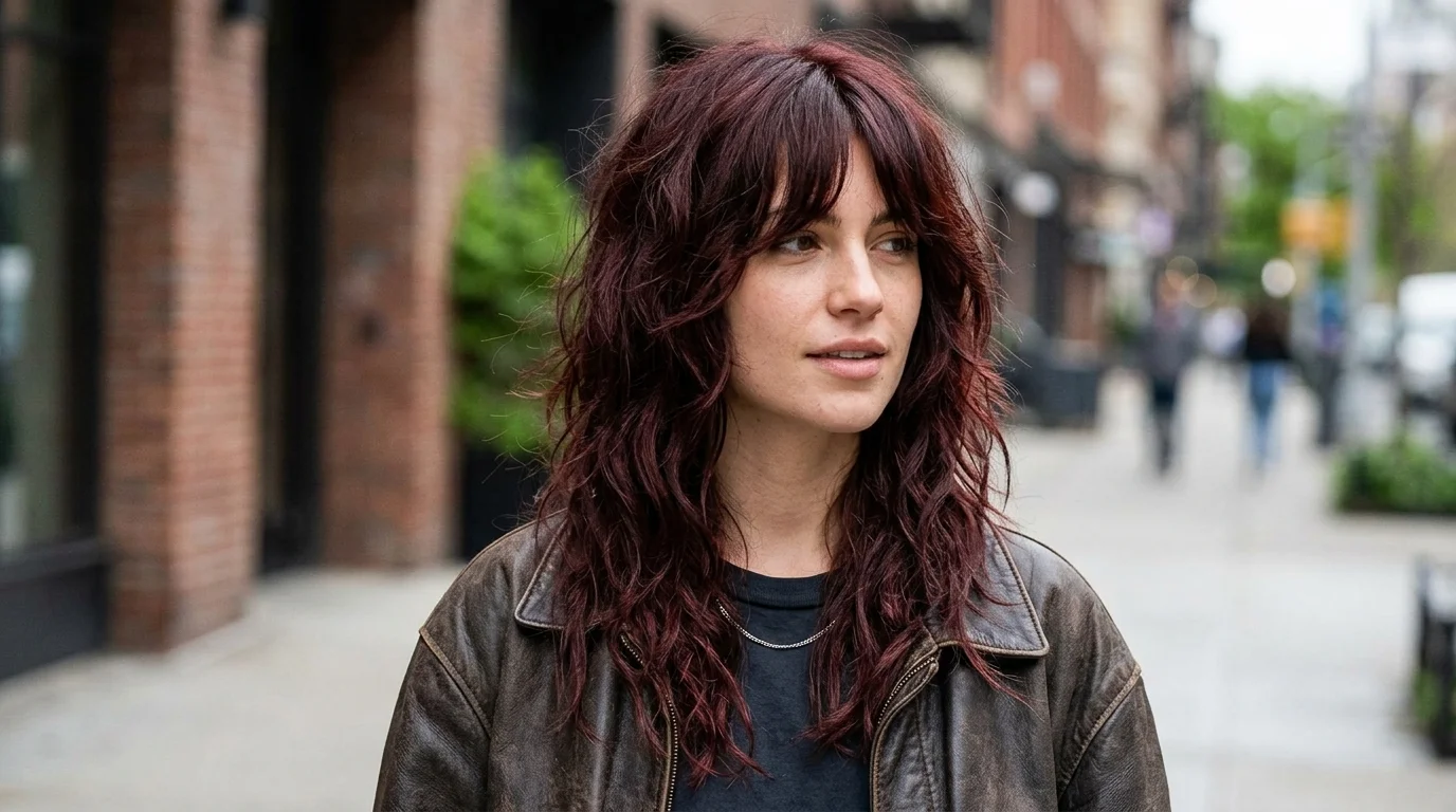 Cherry cola shag haircut, shaggy layers in burgundy cherry red