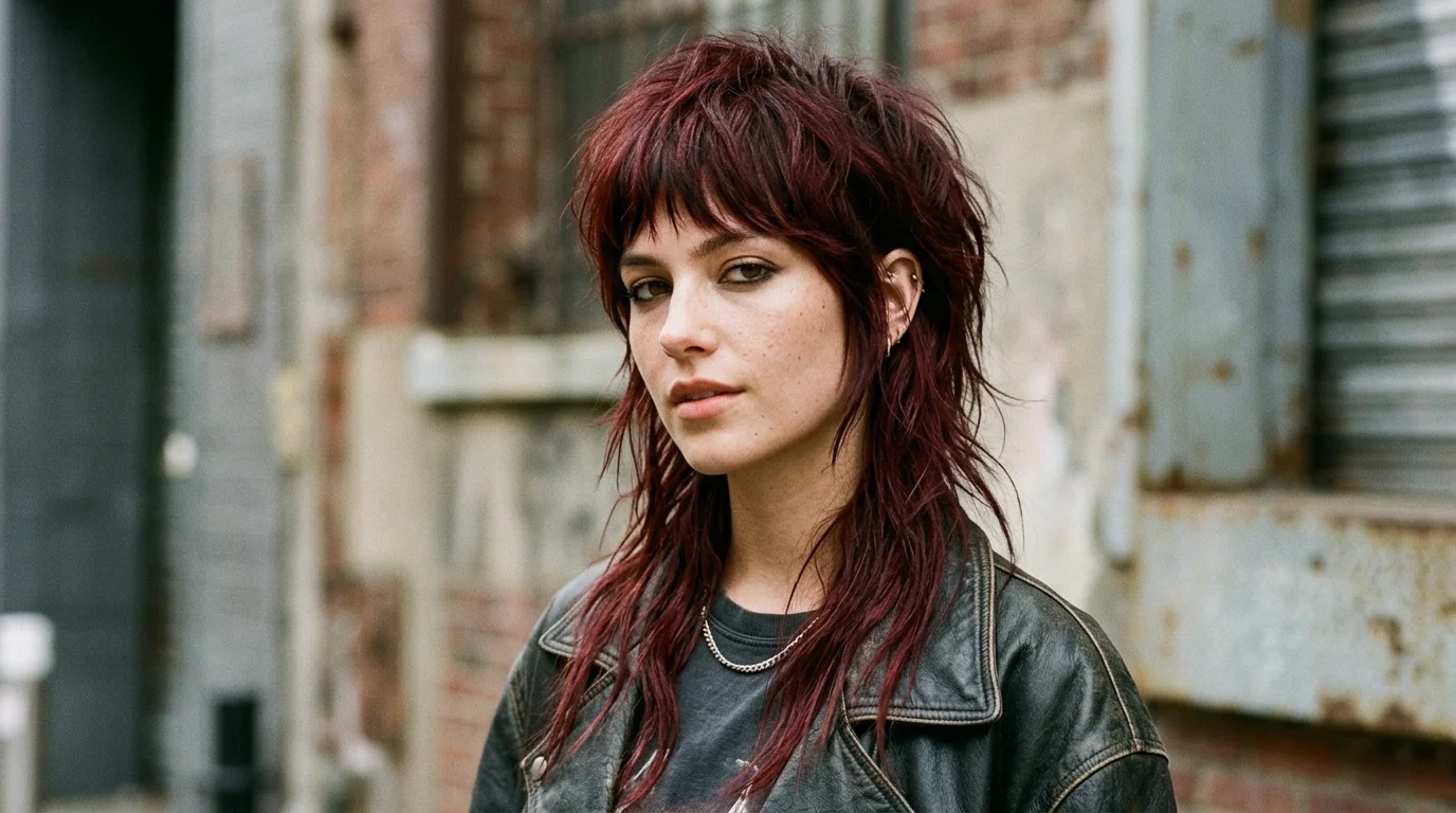 Cherry cola wolf cut, edgy layered wolf cut in burgundy red brown