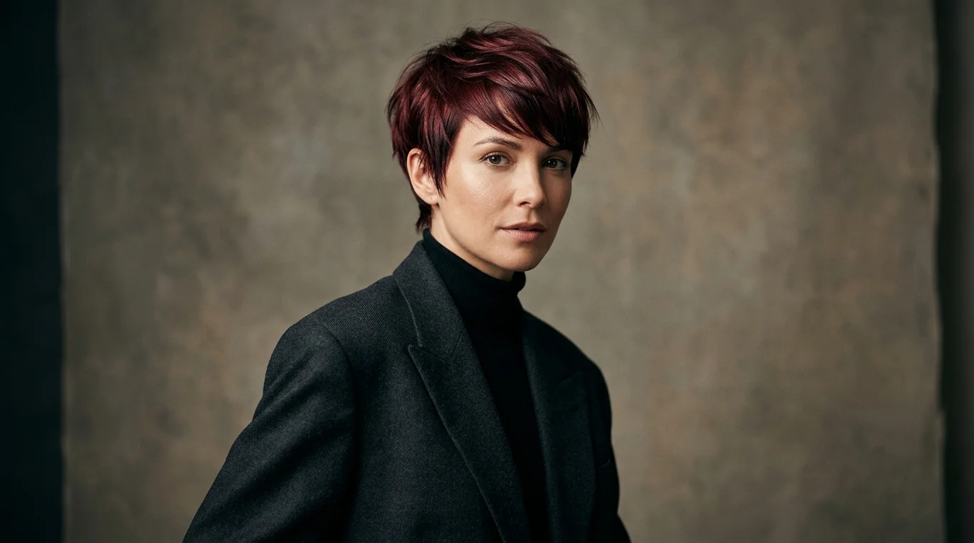 Cherry cola pixie cut, short pixie in vivid burgundy cherry color